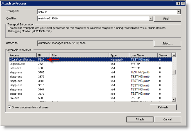 Attach to Process dialog
