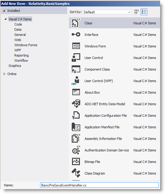 dialog for creating a new class
