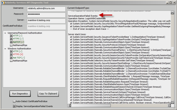 Relativity Services API Diagnostic Tool displaying a failed test