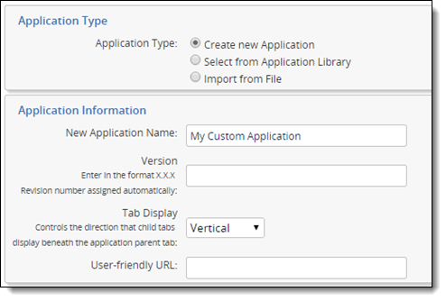 dialog for creating an application
