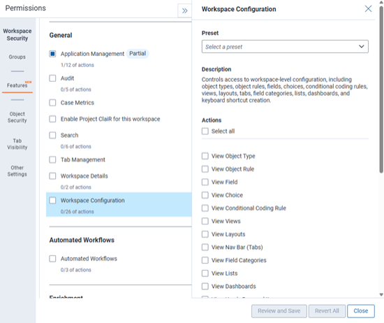 Workspace level Features tab Actions details