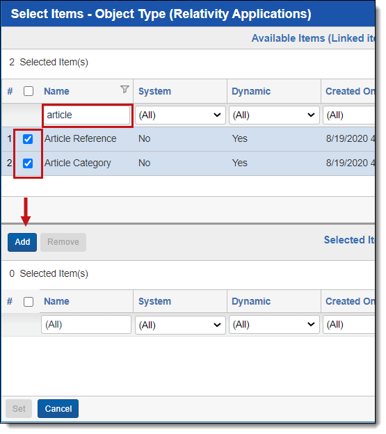 Select Item dialog