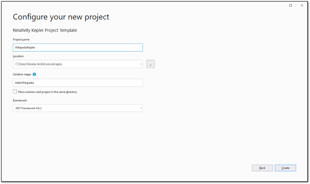 Configure your new project dialog