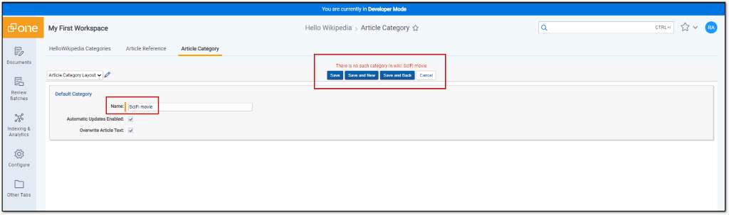 Validation error for article category