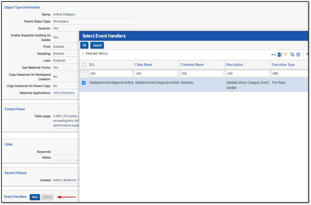 Select Event Handler dialog