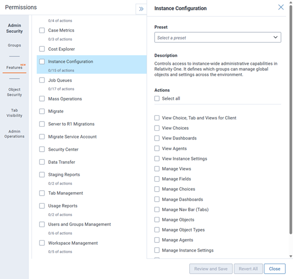 Instance level Features tab Actions details