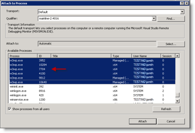 Attach to Process dialog in debugger