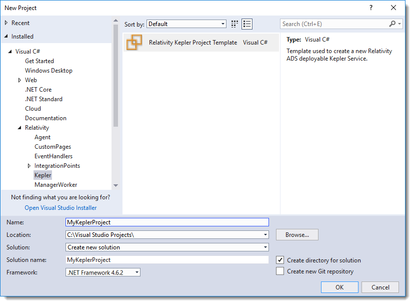 New Project dialog in Visual Studio
