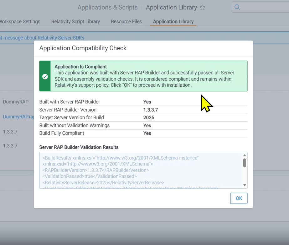 The Application Compatibility Check pop-up displayed during a RAP upload to the Application Library, showing a compliant application with its build details and validation results