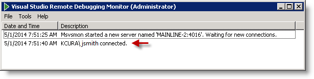 view used to check status of Remote Debugging Monitor