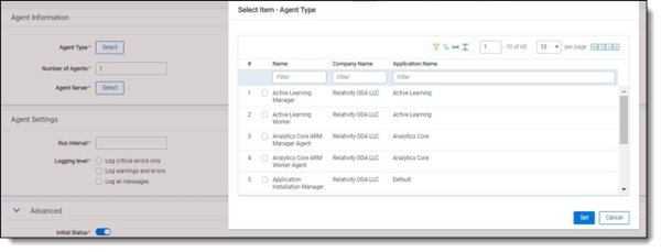 dialog for selecting an agent