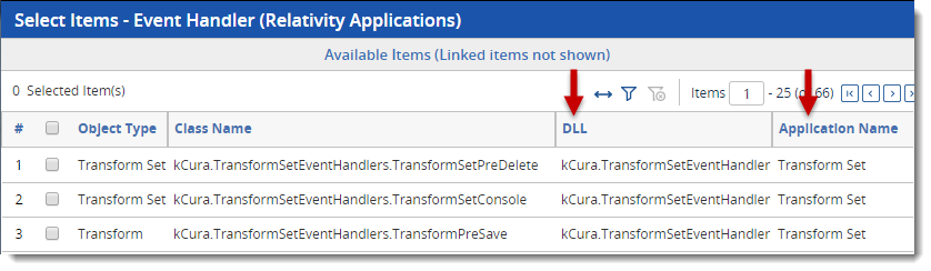dialog showing the .dlls and application name for an event handler