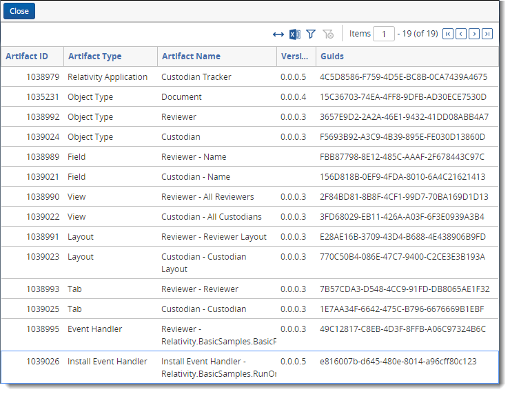 list of application components and their GUIDs