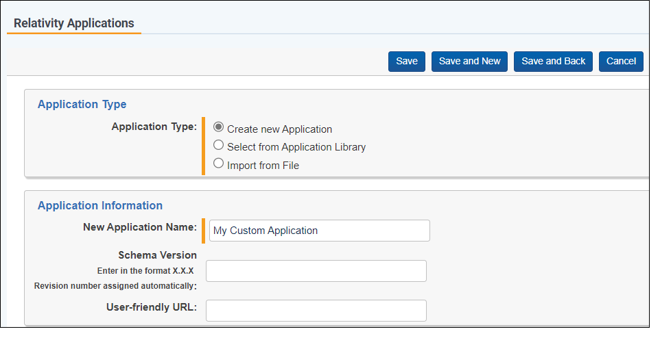 dialog for creating an application