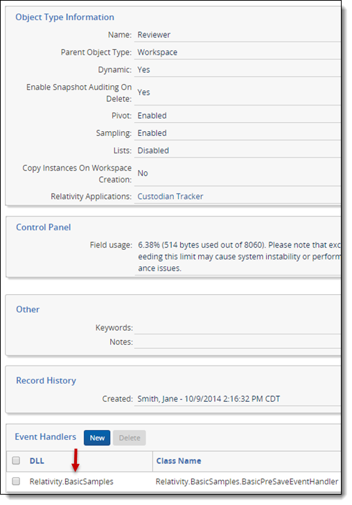 dialog showing an event handler associated with an object type