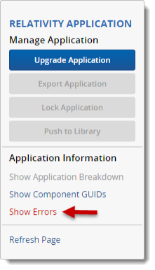 Show Errors link in the Relativity Application console