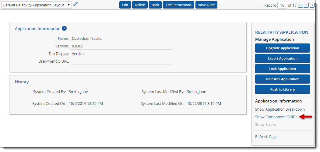 Show Component Guids link on the Relativity Application console