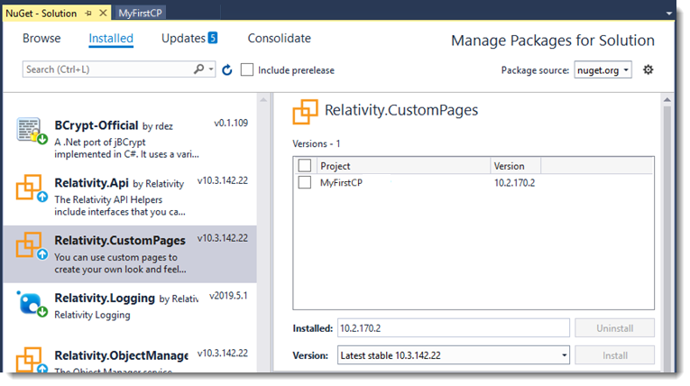 NuGet package version for custom page
