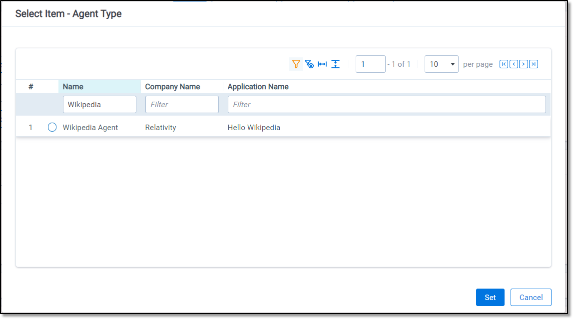 Select Item - Agent Type dialog