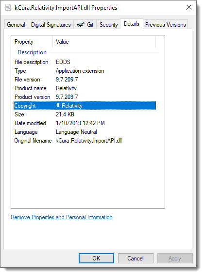 kCura.Relativity.ImportAPI.dll properties showing the API version