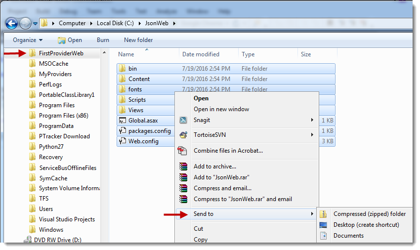 adding web project to compressed file