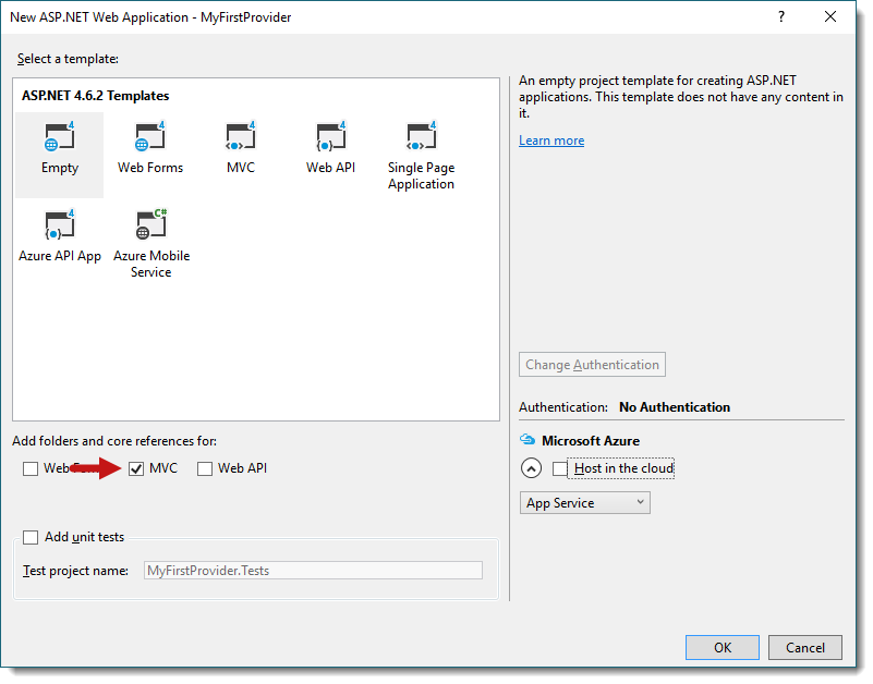 dialog for using an MVC template